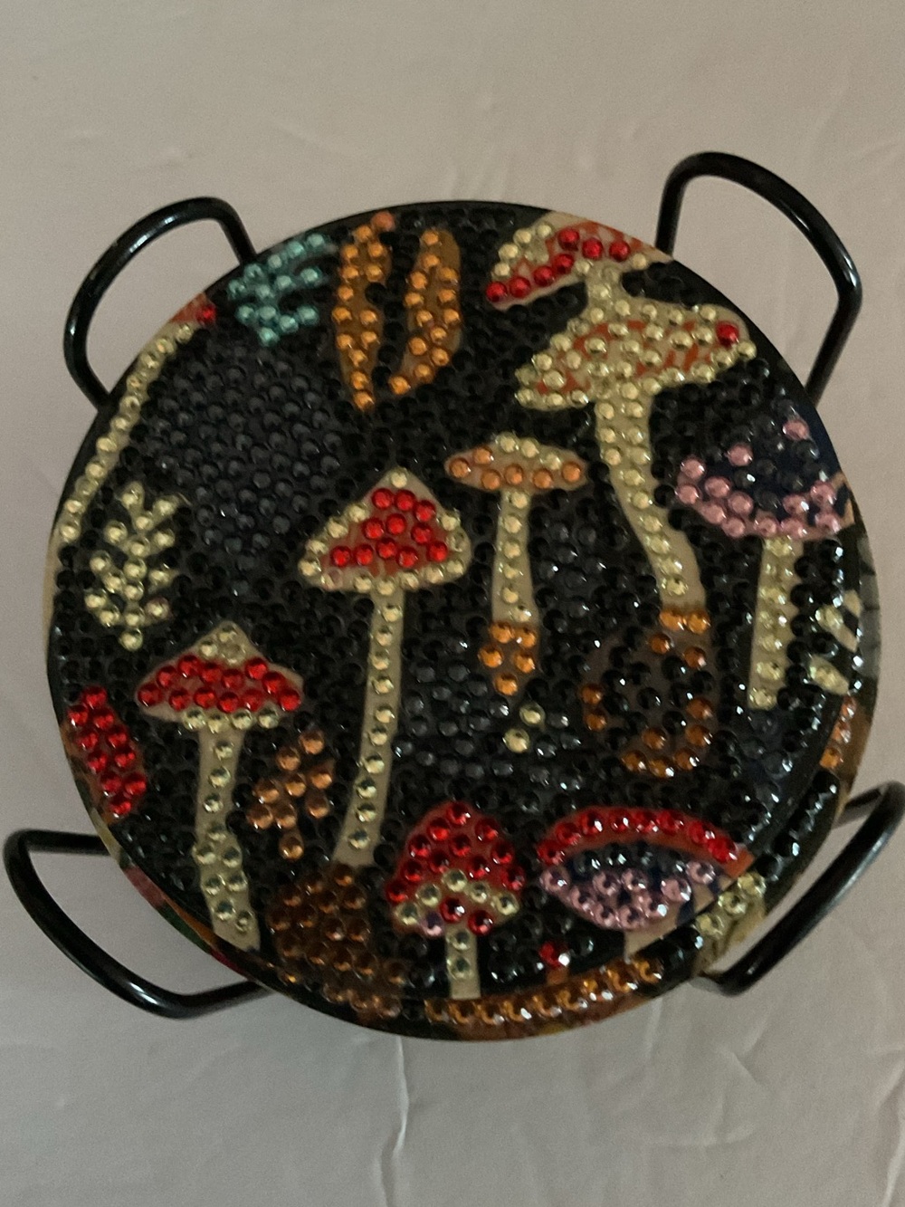 Beaded round  Mushroom Coaster Set of 8 w/ holder. Colorful, and whimsical.